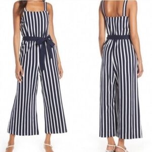 J Crew Knit tie-waist striped jumpsuit L7721 Blue White Women's 10 Belt Pockets